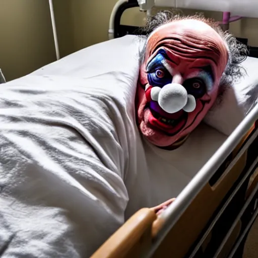 Image similar to delirious elderly clown supine in hospital bed, strapped into bed with restraints, trying to get out but unsuccessful, photograph, 8 k