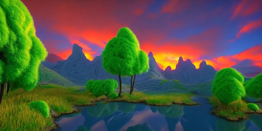 Image similar to a beautiful 3 d fantasy landscape art, orange clouds in the blue sky and green trees, snowy mountains, 3 d art, unreal engine 5, hyper realism