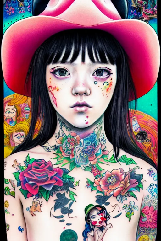 Image similar to full view of girl with tattoos wearing cowboy hat, style of yoshii chie and hikari shimoda and martine johanna, highly detailed