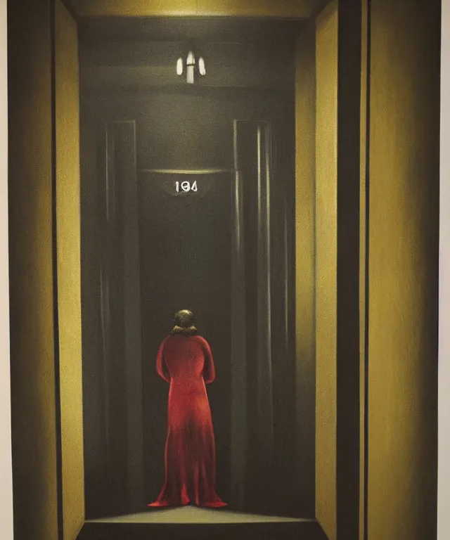 Prompt: horrifying full color photorealistic painting of a 1 9 2 5 hotel elevator lobby, with a screaming bellhop embedded in the wall, dark, atmospheric, brooding, smooth, finely detailed, cinematic, epic, in the style of lee gibbons