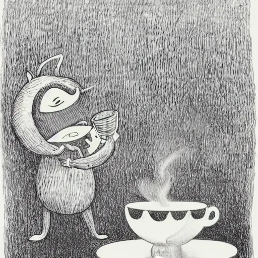 Image similar to highly detailed illustration of a monster smiling and dancing around a beautiful steaming cup of coffee, style of Japanese illustration, Maurice Sendak, Tove Jansson