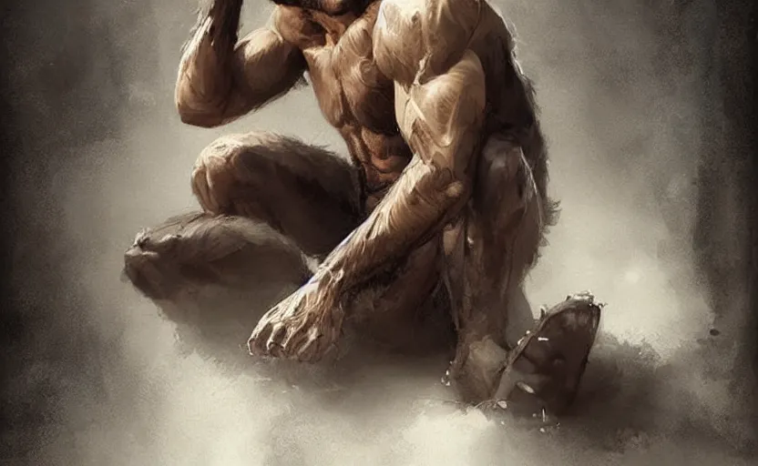 Image similar to Portrait of a rugged werewolf sitting down, male, muscular, detailed face, bare thighs!!!, simple clothing!!!!!, fantasy, medieval, highly detailed, cinematic lighting, digital art painting by greg rutkowski