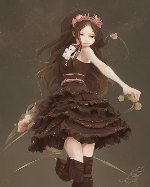 Prompt: a girl as personification of chocolate cupcake, fantasy bakery, digital art by krenz cushart, laurie greasly, intricate details, sharp focus, smooth, epic composition