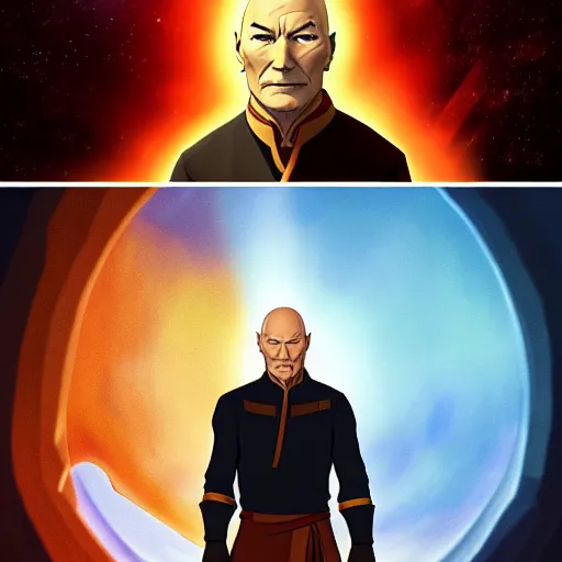 Prompt: a portrait of Patrick Stewart as airbending master Tenzin by Zack Snyder, Christopher Nolan, Steven Spielberg, Avatar the Last Airbender, Legend of Korra, 8k photorealistic, cinematic lighting, HD, high details, dramatic, trending on artstation, view from below, dark atmosphere