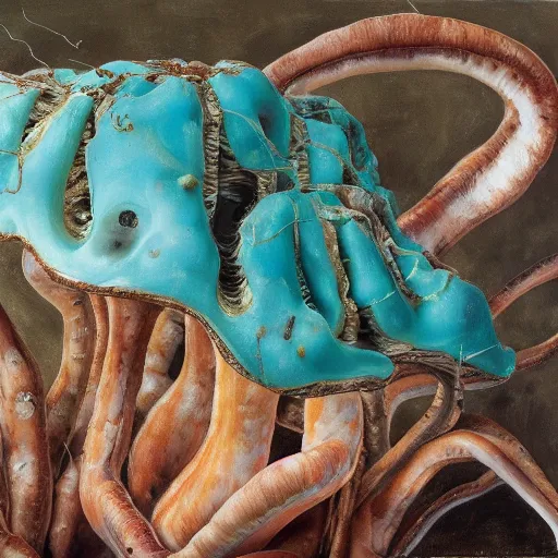 Image similar to high quality high detail painting by lucian freud and jenny saville, hd, fungi growth, turquoise