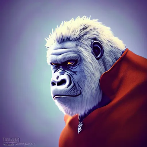 Image similar to angry tough albino gorilla with tattoos, mohawk punk gorilla, mean looking character, interesting 3 d character concept by tiger hkn and gediminas pranckevicius, maplestory, game art, hyper detailed, character modeling, cartoon, cinematic, ray tracing, fur details, maya, c 4 d