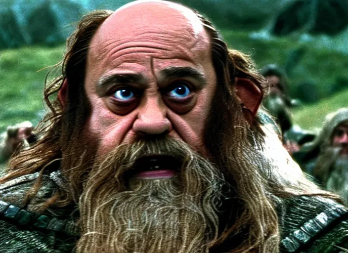 Image similar to film still of danny devito as gimli in lord of the rings movie, 8 k