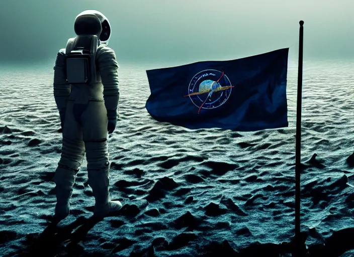 Image similar to astronaut holding a flag in an underwater desert. a submarine is visible in the distance. dark, concept art, cinematic, dramatic, atmospheric, 8 k, trending on artstation, blue, fish, low visibility, light rays, extremely coherent, bubbles, fog, ocean floor, christopher nolan, interstellar