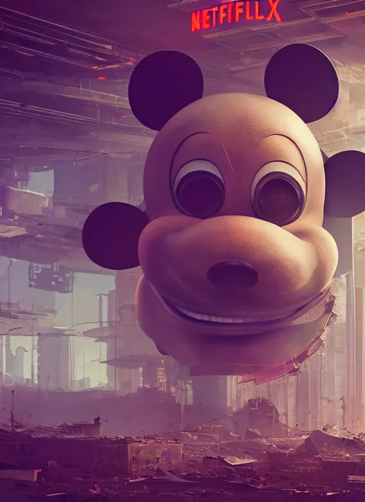 Image similar to giant destroyed head of cyberpunk mickey mouse surrounded by engineers, inside of abandoned netflix office, by beeple, dystopia, golden ratio, octane render, redshift, trending on artstation, 8 k