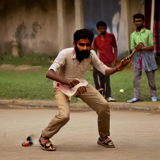 Image similar to a man playing street cricket with friends in indian, with the wickets visible, extremely detailed, high human appeal, real life image, national geographic award winning image, taken from dslr