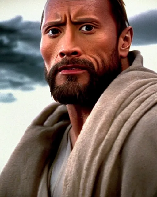 Image similar to Film still close-up shot of Dwayne Johnson as Obi-Wan Kenobi from the movie Return of the Jedi. Photographic, photography