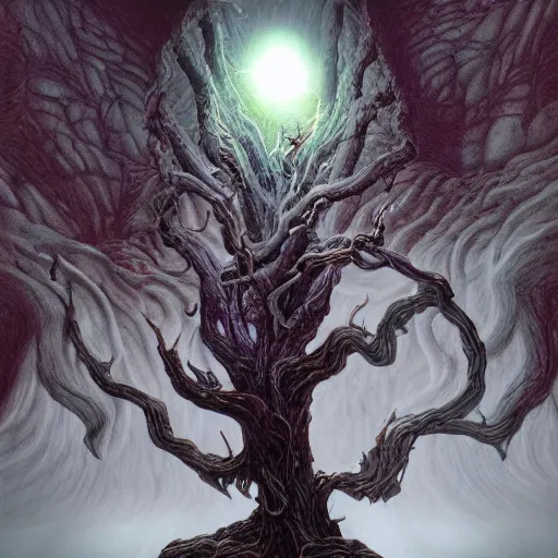 Image similar to Photorealistic demonic eldritch tree in the style of Michael Whelan and Gustave Dore. Hyperdetailed photorealism, 108 megapixels, amazing depth, glowing rich colors, powerful imagery, psychedelic Overtones, 3D finalrender, 3d shading, cinematic lighting, artstation concept art