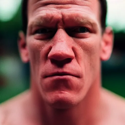 Image similar to A close-up of a John Cena face, captured in low light with a soft focus. There is a gentle pink hue to the image, and the woman’s features are lightly blurred. Cinestill 800t