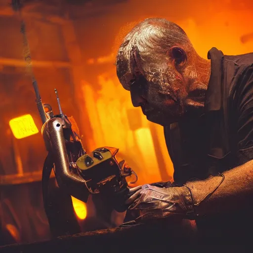 Image similar to half rusted old egg beater half stun - gun, balding older cyborg repairing, red hot soldering iron, dark messy smoke - filled cluttered workshop, dark, dramatic lighting, orange tint, cinematic, highly detailed, sci - fi, futuristic, movie still from blade runner