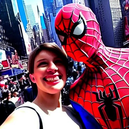 Image similar to a selfie spider - man took with donald trump at time square i'm nyc.