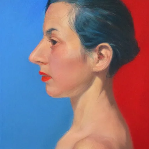 Prompt: profile portrait in peruvian realist style ( 1 9 5 4 ), cerulean blue, cadmium red, zinc white, modeled lighting, detailed, expressive, shadows