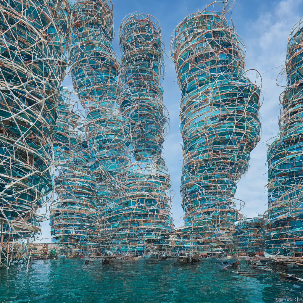 Prompt: a circular tower, made up of colourful makeshift squatter shacks suspended over water, dystopia, sony a 7 r 3, f 1 1, fully frontal view, ultra detailed, photographed by zaha hadid,