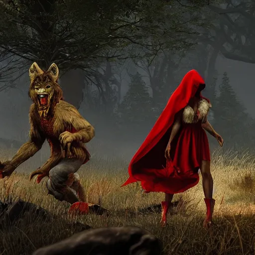 Image similar to werewolf and red riding hood staring at the zombies, 3d scene, render, ultra realistic, zenith view, Frank Frazetta, Richard Corben, artstation, cgsociety, level design, unreal engine, 3d scene, render, ultra realistic