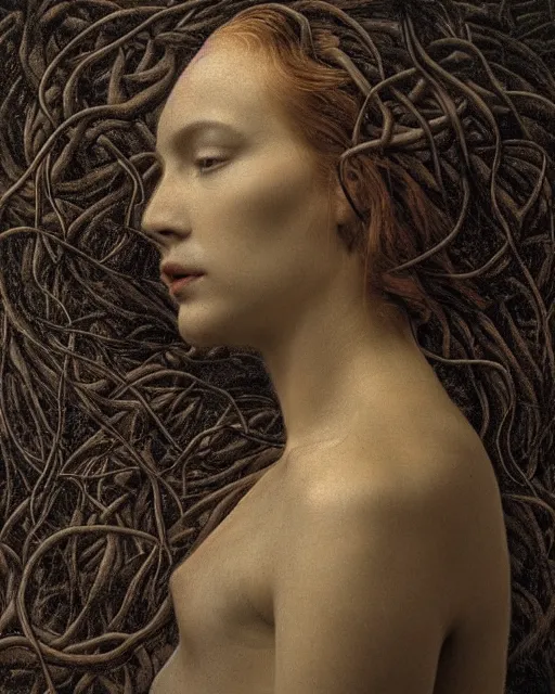 Prompt: a woman's face in profile, made of roots and vines, in the style of the Dutch masters and Gregory Crewdson, dark and moody