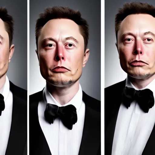 Image similar to 4 k highly detailed portrait face face photography by elon musk wearing a tuxedo and who looks angry and annoyed