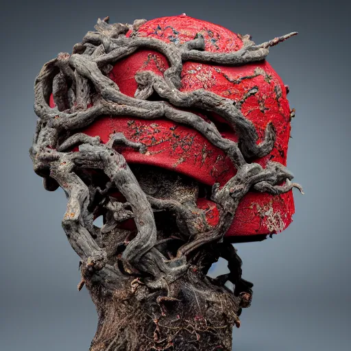 Image similar to incredibly detailed 100 year old Morton Bay fig bonsai planted in, Upside-down ancient intricate red samurai helmet, volcanic rocks, photorealistic, vulumetric lighting, exquisite detail, vray 4k highly detailed, no dof