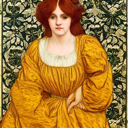 Image similar to preraphaelite photography reclining on bed, large eyes and nose and lips, big brown fringe, yellow ochre ornate medieval dress, william morris, 4 k