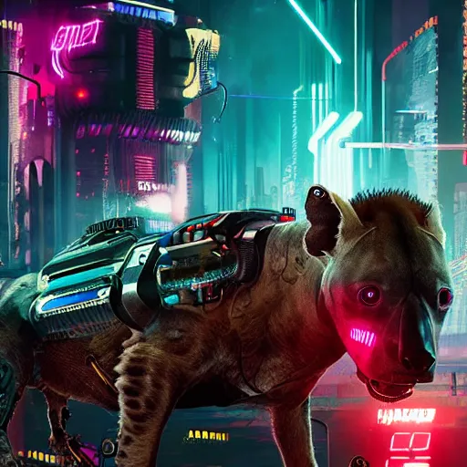 Image similar to cyborg hyena in cyberpunk 2 0 7 7, multiple wires and eyes resembling camera lenses, neon glowing lights on body, realistic, highly detailed concept art