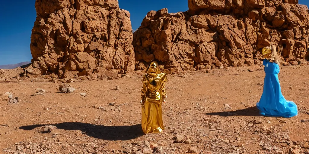 Prompt: levitating dressed woman with full - face golden mask in a dry rocky desert landscape, floating rocks, levitating rocks, visible sky and sunny atmosphere, fata morgana and giant square mirrors by alejandro jodorowsky, anamorphic lens, kodakchrome, practical effects, masterpiece, 8 k