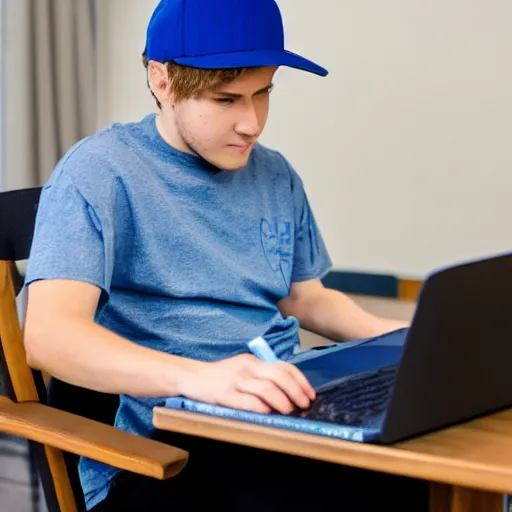 Prompt: back of short college guy with short blonde hair wearing a blue baseball cap and grey shirt sitting in a chair typing an essay on a laptop