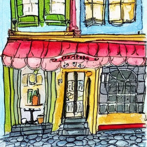 Image similar to beautiful cute cozy very little cafe on a cobblestone street, cute cartoon, watercolor, 4 colors