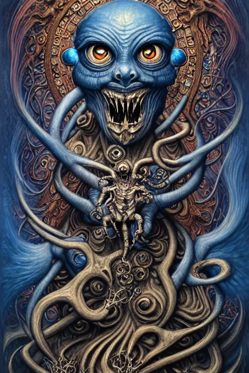 Image similar to A beautiful detailed grotesque monster super cute tarot card, by tomasz alen kopera and Justin Gerard, symmetrical features, ominous, magical realism, texture, intricate, ornate, royally decorated, mechanic, skeleton, whirling smoke, embers, blue red and dark silk fine lines adornements, blue torn fabric, radiant colors, fantasy, trending on artstation, volumetric lighting, micro details, 3d sculpture, ray tracing, 8k, anaglyph effect, digital art