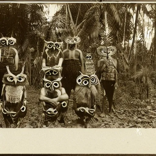 Prompt: 1917 old photograph, group of natives from tribe wearing owl masks in the amazon jungle, bokeh, 35mm film
