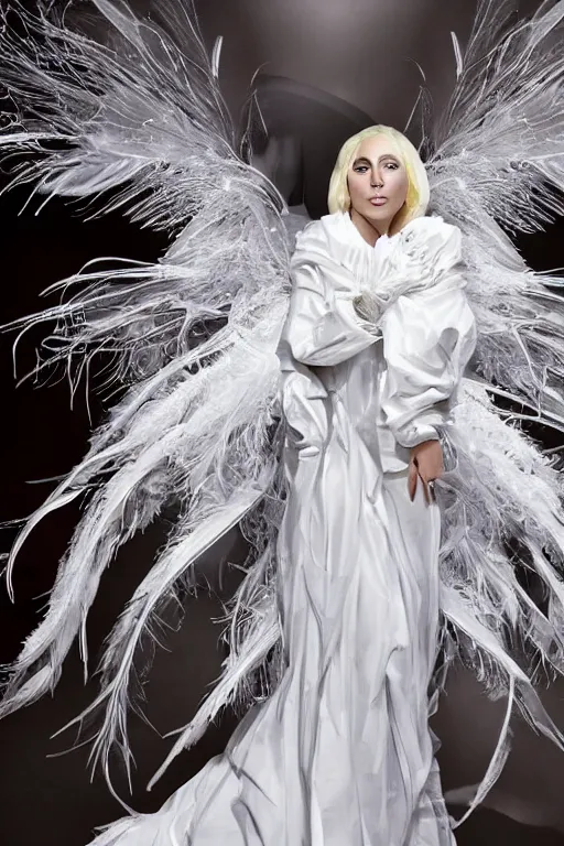 Image similar to lady gaga in a white dress with a plastic bag over her shoulder, a hologram by Alexander McQueen, featured on polycount, gothic art, made of feathers, ethereal, angelic photograph