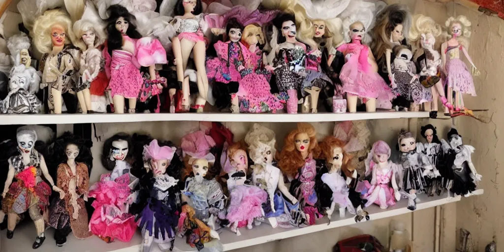 Image similar to drag queen ceramic doll collection in creepy attic