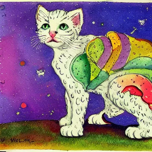 Image similar to a white kitten magically prismatically fractured into every color of the rainbow, watercolor by Louis William Wain,