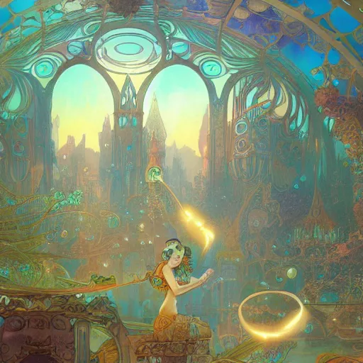 Prompt: a beautiful stunning fantasy whimsical matte digital storybook painting of the underwater city of Atlantis, art nouveau, bubbles splash shells fish details, pastel color palette, by Alphonse Mucha and Tyler Edlin, trending on artstation hq