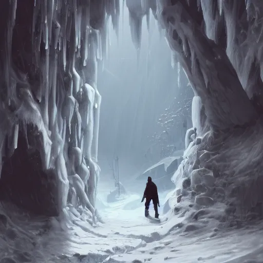 Image similar to a man explores the icy corners from hell, artstation