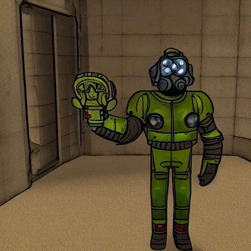 Image similar to fallout enclave fighter in power armor with a minigun in his hands stands next to the entrance to the fallout shelter, fallout 2 stylization, pseudo 3 d isometry, pixel, post - apocalypse,