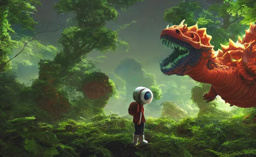 Image similar to a still of a cute adorable tiny astronaut, on a planet of lush foliage, with an enormous kaiju dragon surrounding the background, magical forest, sharp focus, neon backlit, highly detailed, disney pixar studio ghibli makoto shinkai, digital painting, matte, octane render, global illumination, iridescent, anime, 8 k concept art