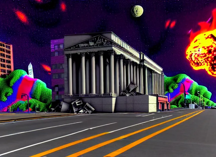 Image similar to maximalist 3 d render of giant bigfoot destroying washington dc, debris and fire, collapsed buildings, monster, hyperdetailed against a psychedelic surreal background in the style of 1 9 9 0's cg graphics against the cloudy night sky, lsd dream emulator psx, 3 d rendered y 2 k aesthetic by ichiro tanida, 3 do magazine, wide shot