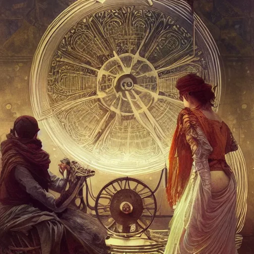 Prompt: The Three Fates standing next to a massive Spinning Wheel, weaving, intricate, elegant, highly detailed, digital painting, artstation, concept art, smooth, sharp focus, illustration, art by Krenz Cushart and Artem Demura and alphonse mucha,