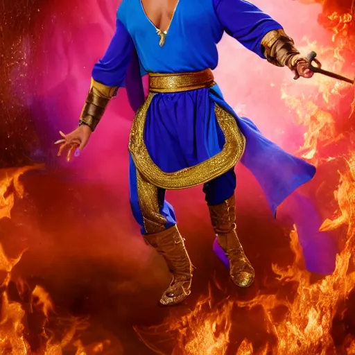 Image similar to will smith as the genie from alladin with a pistol, photo realistic, 8 k, detailed, will smith, alladin