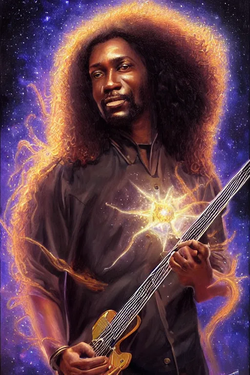 Prompt: beautiful oil painting with high detail of a wise black guitarist with long curly hair made of stars and plasma, hybrid from dungeons and dragons and art direction by James Cameron ;by artgerm; wayne reynolds art station; cinematic quality character render; low angle; ultra high quality model; production quality cinema model; flair