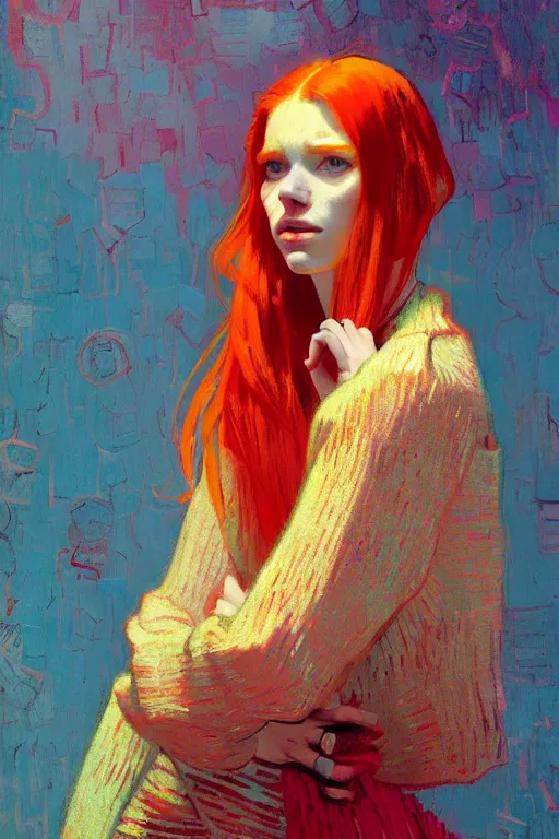 Prompt: portrait of a beautiful redhead girl, complementary colors, beautiful face, rule of thirds, intricate outfit, spotlight, by greg rutkowski, by jeremy mann, by francoise nielly, by van gogh, digital painting