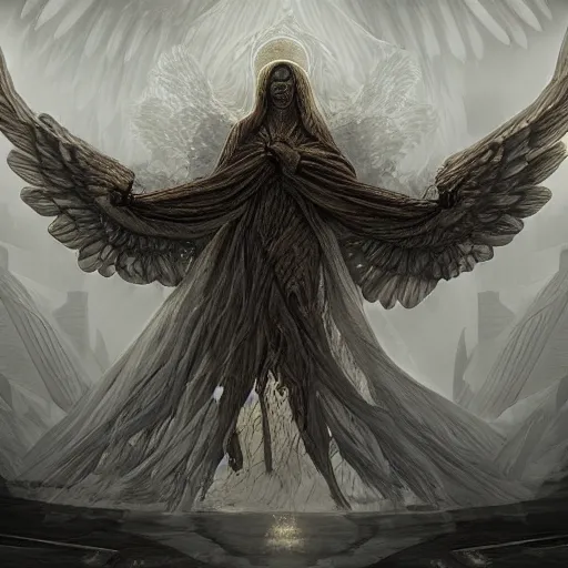 Image similar to giant imposing seraphim with many eyes and many wings, no face, eyes everywhere, hyper realistic, glowing, terrifying, byzantine, artstation