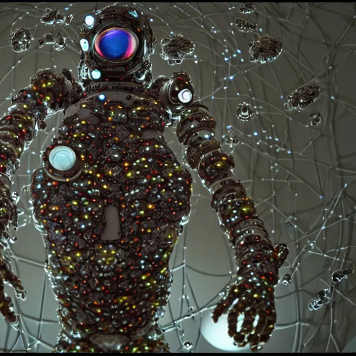 Image similar to a cybernetic symbiosis of a single astronaut mech-organic eva suit made of pearlescent wearing knitted shiny ceramic multi colored yarn thread infected with diamond 3d fractal lace iridescent bubble 3d skin dotted covered with orb stalks of insectoid compound eye camera lenses floats through the living room, film still from the movie directed by Denis Villeneuve with art direction by Salvador Dalí, wide lens,kevlar,carbon fiber,ceramics,gaseous materials,