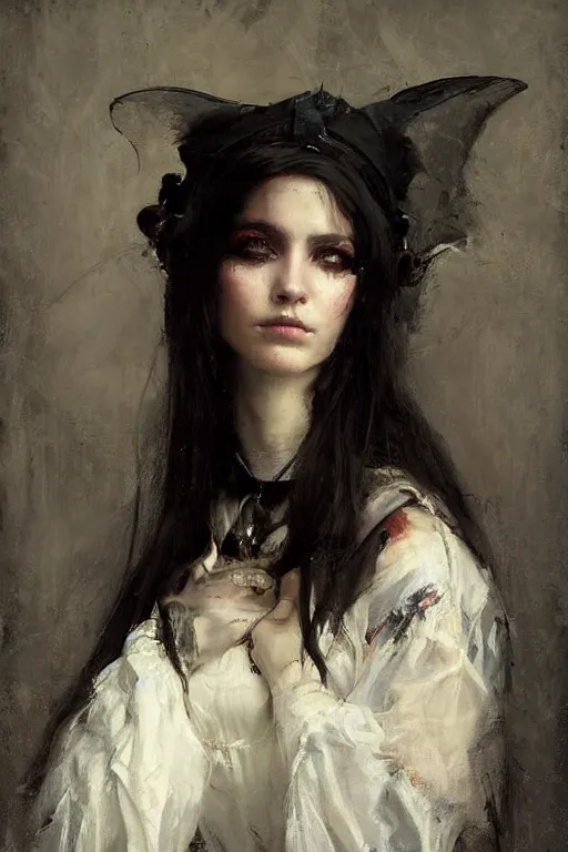 Image similar to Richard Schmid and Jeremy Lipking full length portrait painting of a young beautiful victorian steampunk vampire Priestess woman