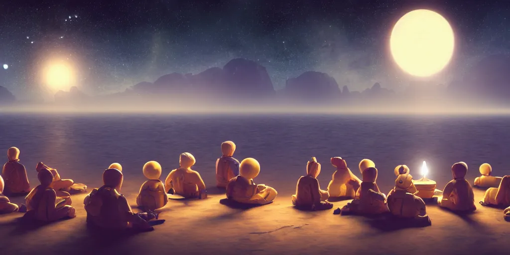Image similar to twelve astronauts sitting by the river with a big holiday cake + octane render + planets and stars + mystical fog, super detail, high quality