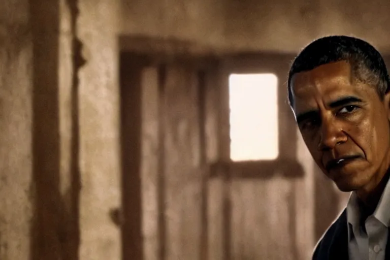 Prompt: a film still of Barack Obama in The Shawshank Redemption, dramatic lighting