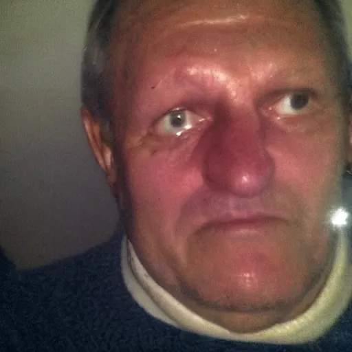 Prompt: my czech dad accidentally taking a selfie with the flash enabled, squinting because the flash is so bright in his face